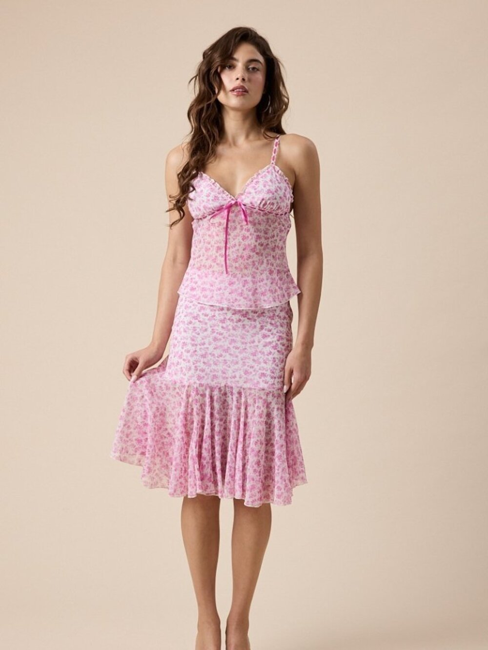 NWT Fuchsia Pink Ditsy Floral Chiffon Cami Top Midi Skirt Ruffle Skirt Set